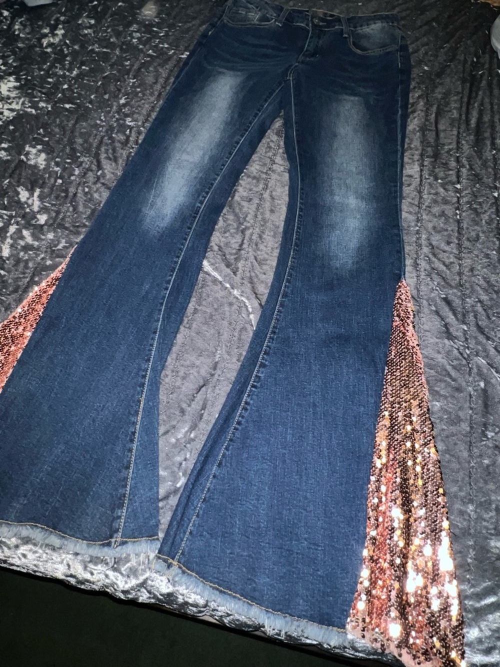 L&B Dark Blue Flare Jeans with Rose Gold Sequin Panels